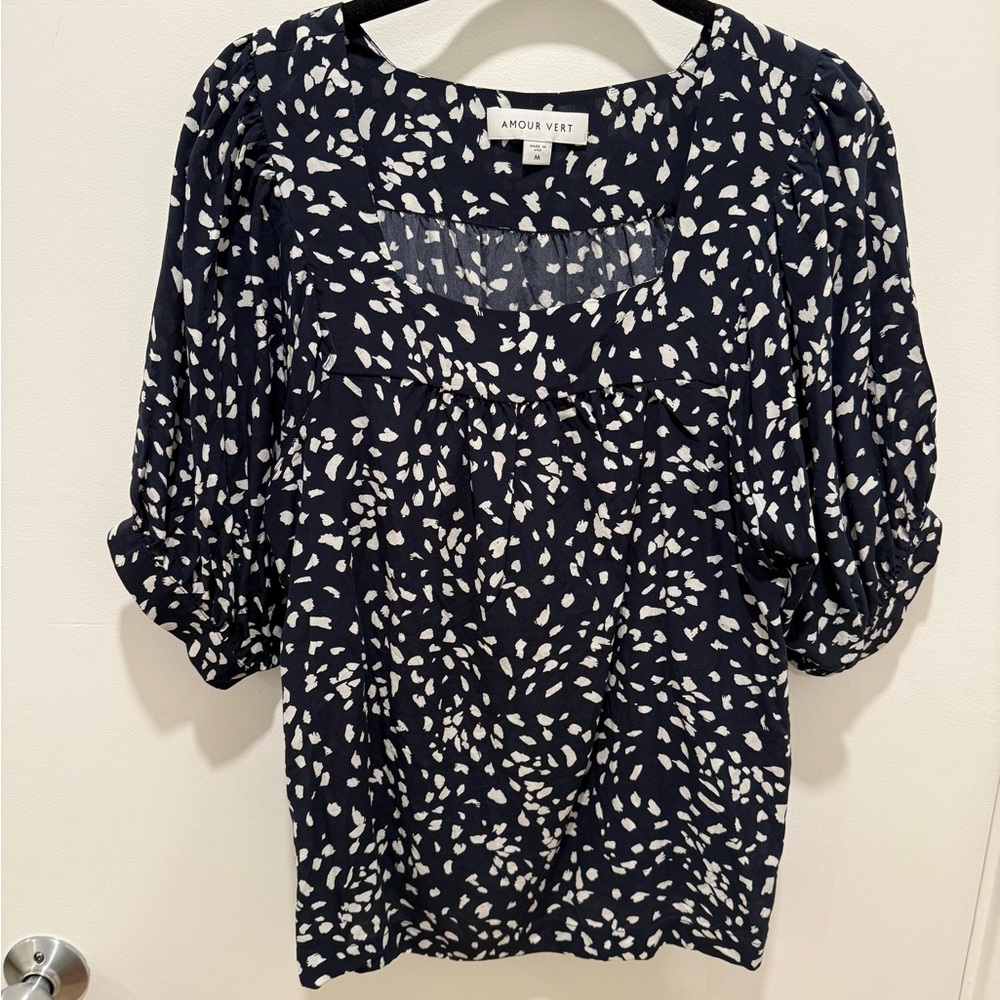 Amour Vert Navy and White 100% Silk Patterned Blouse